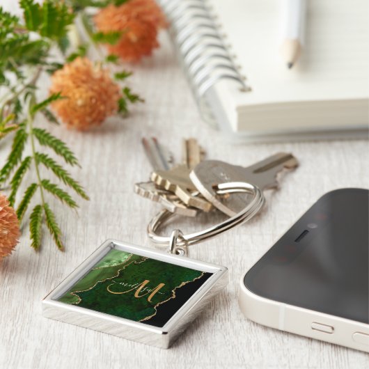 Chic Green Gold Glitter Agate Custom Monogram キーホルダー (側面)