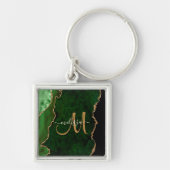 Chic Green Gold Glitter Agate Custom Monogram キーホルダー (正面)