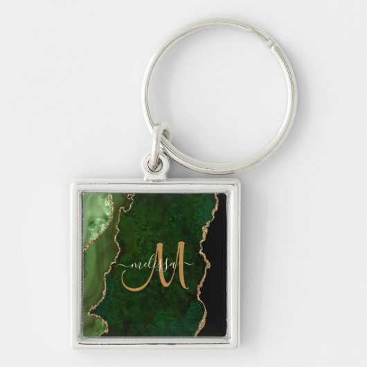 Chic Green Gold Glitter Agate Custom Monogram キーホルダー (正面)