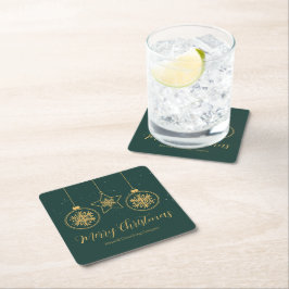 Chic Green Gold Ornaments Company Christmas Party スクエアペーパーコースター