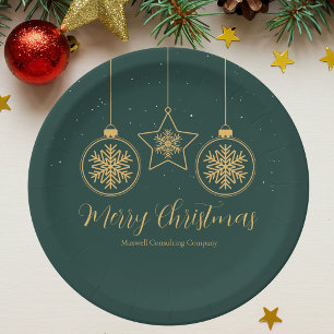 Chic Green Gold Ornaments Company Christmas Party ペーパープレート