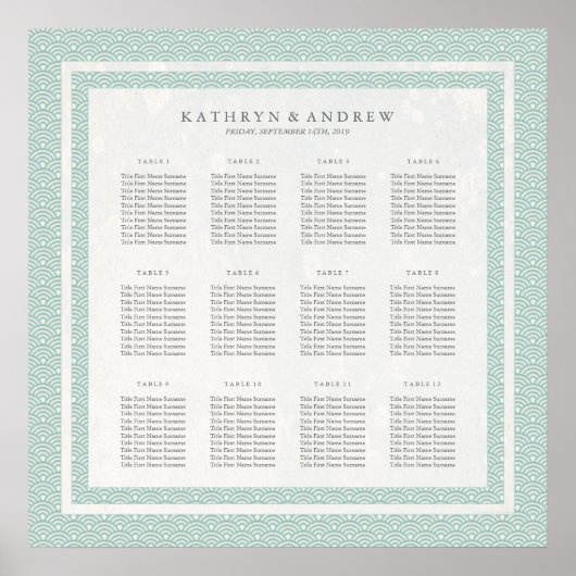 Chic Green+White Pattern Seigaiha Seating Chart ポスター (正面)