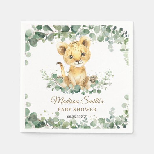 Chic Greenery Adorable Lion Cub Boy Baby Shower  スタンダードカクテルナプキン (正面)