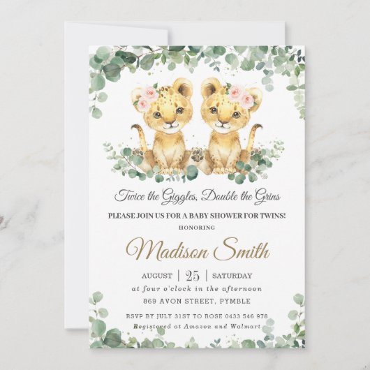 Chic Greenery Lion Cubs Twins Girls Baby Shower 招待状 (正面)