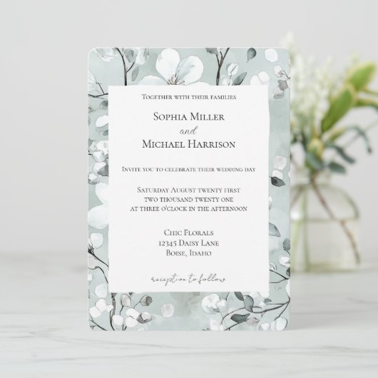 Chic Grey Blue White Floral Wedding 招待状 (スタンド正面)