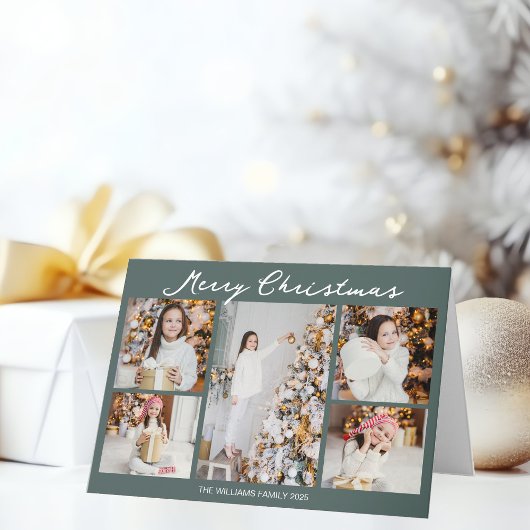 Chic Grey Green Christmas Photo Collage Folded シーズンカード