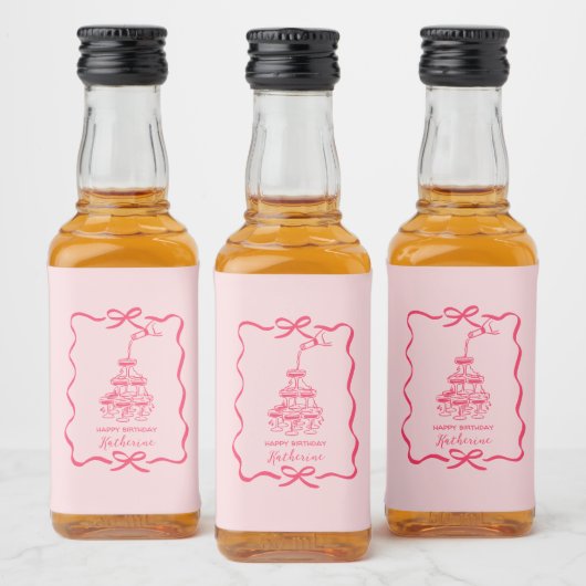 Chic Hand Drawn Pink Champagne Tower Birthday  リキュールボトルラベル (ボトル)