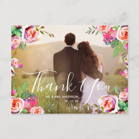 Chic Hand Lettered Photoフローラ結婚's Thank You ポストカード (正面)