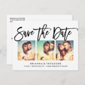 Chic Hand Lettered Save The Date Photo Collage 案内ポストカード (正面/裏面)