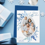 Chic Happy Hanukkah Blue Botanical Family Photo シーズンカード<br><div class="desc">Beautiful blue watercolor botanical leaves spring out of your vertical Jewish family photograph for a Happy Hanukkah. Personalize this chic Chanukah photo card.</div>