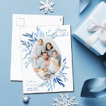 Chic Happy Hanukkah Blue Botanical Family Photo シーズンポストカード<br><div class="desc">Beautiful blue watercolor botanical leaves spring out of your vertical Jewish family photograph for a Happy Hanukkah. Personalize this chic Chanukah photo postcard.</div>