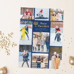 Chic Happy Hanukkah Family Photo Collage Blue Gold シーズンカード<br><div class="desc">Chic customizable Jewish family photo collage Hanukkah card with a collection of winter photos. Add 9 of your favorite Chanukah memories on this modern 9 photograph layout around a menorah and gold script. Happy Hanukkah.</div>