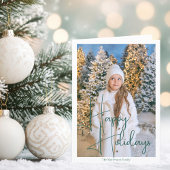 Chic Happy Holidays Green Script Overlay Photo シーズンカード