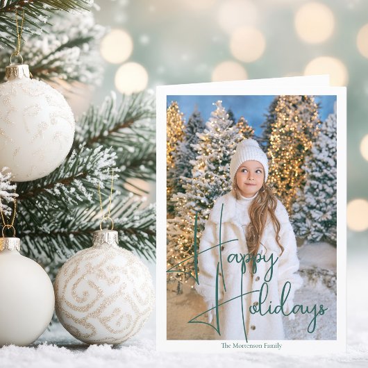 Chic Happy Holidays Green Script Overlay Photo シーズンカード