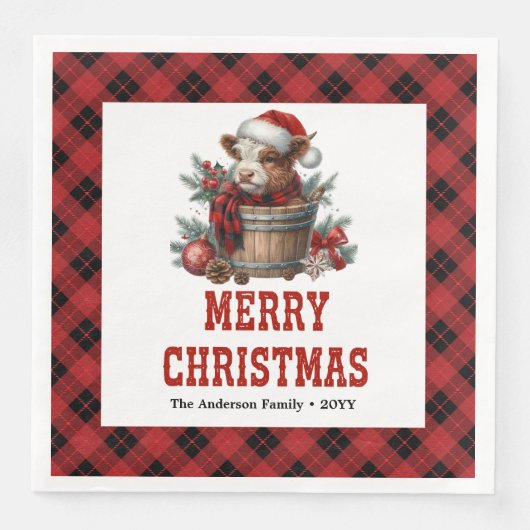 Chic highland cow red black plaid festive napkins (正面)