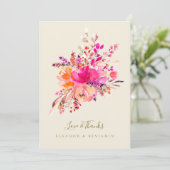 Chic Hot Pink Floral Wedding Photo Custom Message サンキューカード (スタンド正面)