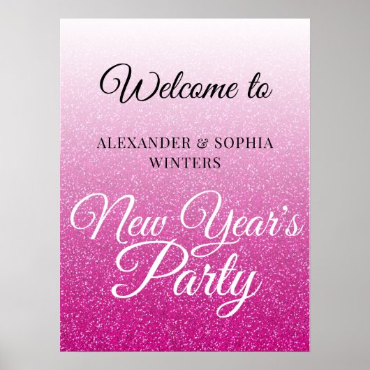 Chic Hot Pink Glitter New Years Party Welcome ポスター (正面)