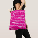 Chic Hot Pink Personalized Name Collage トートバッグ<br><div class="desc">Hot pink name collage allover tote bag for a birthday girl decorated in nine different fonts spelling a custom name in white. Chic personalized girly gift wrap with fun typography.</div>