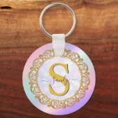 Chic Iridescent Initial With Gold Scrollwork キーホルダー (正面)