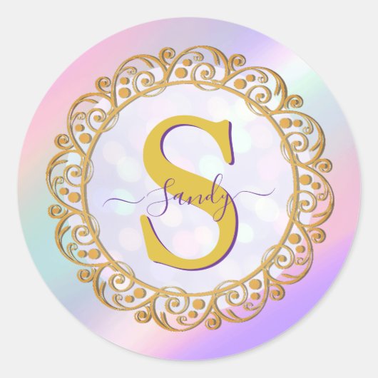 Chic Iridescent Initial With Gold Scrollwork ラウンドシール (正面)