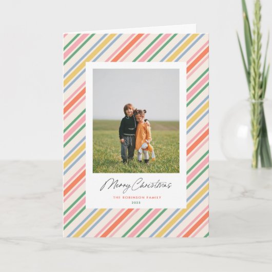 Chic Joyful Stripes Christmas Holiday Photo Card シーズンカード (正面)