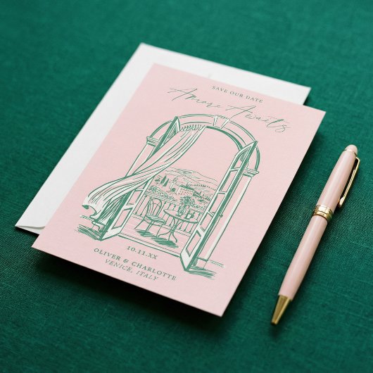 Chic La Dolce Vita Hand Doodle Sketch Venice Italy セーブザデート