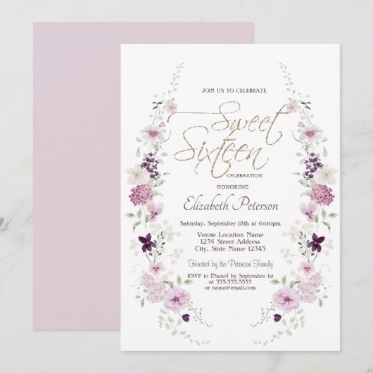 Chic Lavander Wildflowers Sweet 16 招待状 (正面/裏面)