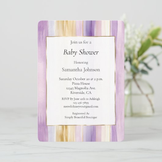 Chic Lavender Purple Gold Stripes Baby Shower 招待状 (スタンド正面)