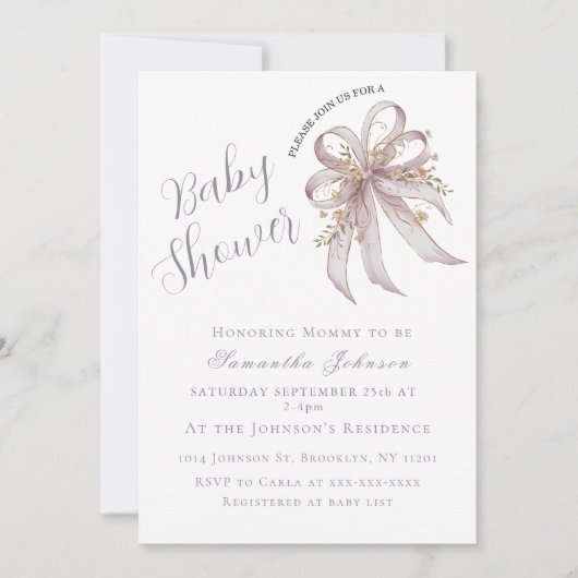 Chic Lavender Ribbon bow baby shower  招待状 (正面)