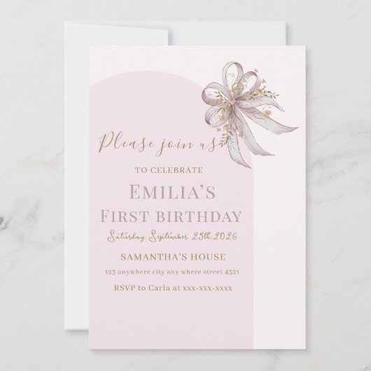 Chic Lavender Ribbon bow First birthday  招待状 (裏面)