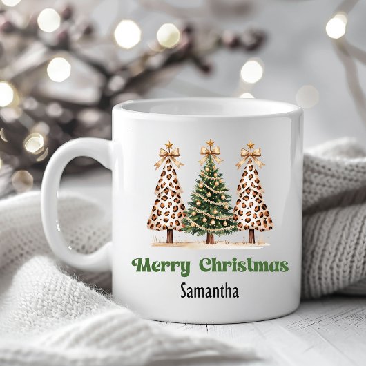 Chic Leopard Christmas Trees Custom Name Mug コーヒーマグカップ