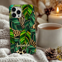 chic leopard print monstera leaves monogram Case-M