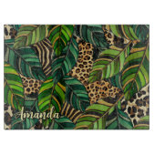 chic leopard print monstera leaves monogram glass カッティングボード (正面)