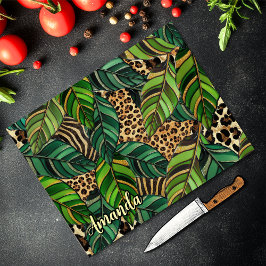 chic leopard print monstera leaves monogram glass カッティングボード