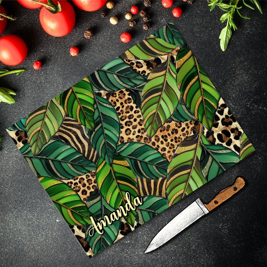chic leopard print monstera leaves monogram glass カッティングボード