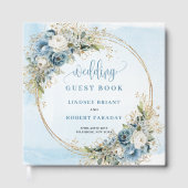 Chic Light Blue Floral Gold Glitter Boho Wedding ゲストブック (正面)