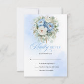 Chic Light Blue Peonies Gold Wedding RSVP (正面)