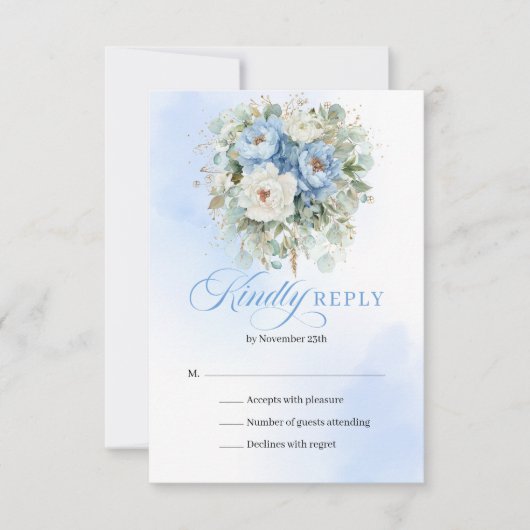 Chic Light Blue Peonies Gold Wedding RSVP (正面)