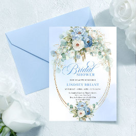 Chic Light Blue Peony Gold Accent Bridal Shower 招待状