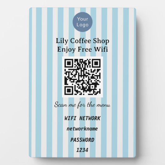 Chic Light Blue & White Stripes QR Code Wifi フォトプラーク (正面)