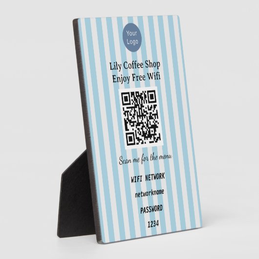 Chic Light Blue & White Stripes QR Code Wifi フォトプラーク (側面)