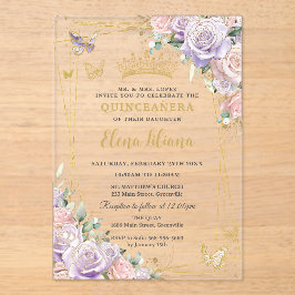 Chic Lilac Blush Floral Roses Quinceanera Sweet 16 アクリル招待状