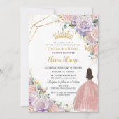 Chic Lilac Pink Floral Roses Quinceanera Sweet 16 招待状 (正面)