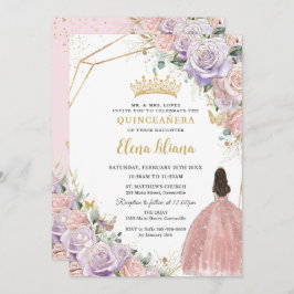 Chic Lilac Pink Floral Roses Quinceanera Sweet 16 招待状