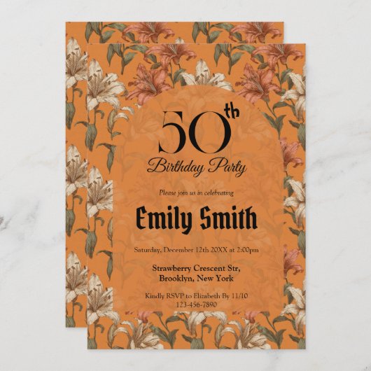 Chic Lilies Flower Birthday Present 招待状 (正面/裏面)