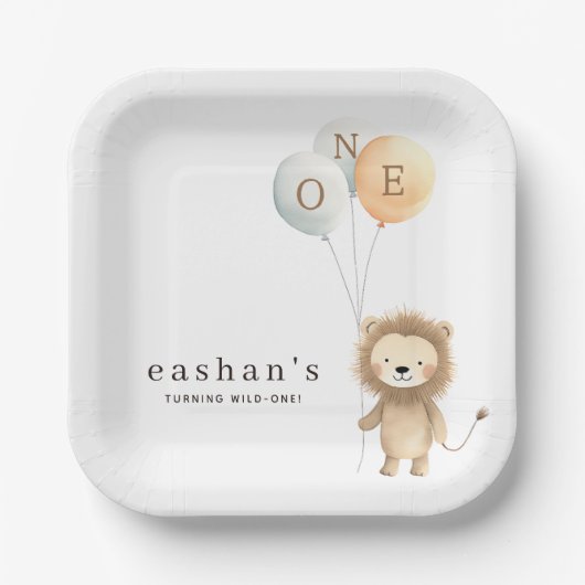 Chic Little Cute Lion 1st Birthday Party ペーパープレート (正面)