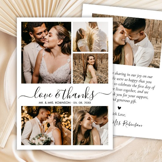 Chic Love and Thanks Script Photo Collage Wedding サンキューカード