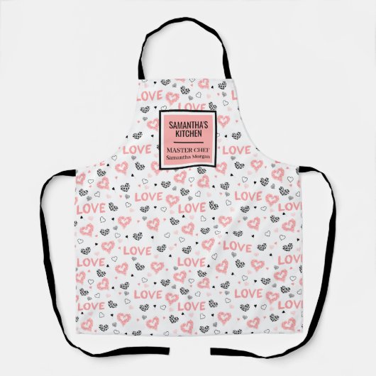 Chic Love Lettering Pink Black Heart Apron エプロン (正面)