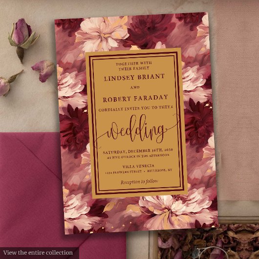 Chic Lux Burgundy Blush Gold Floral Wedding Invite 招待状