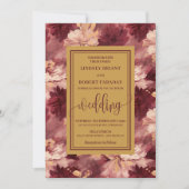 Chic Lux Burgundy Blush Gold Floral Wedding Invite 招待状 (正面)